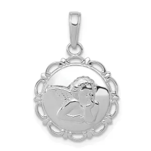 14K White Gold Polished Finish Angel Cherub On Round Scallop Pendant