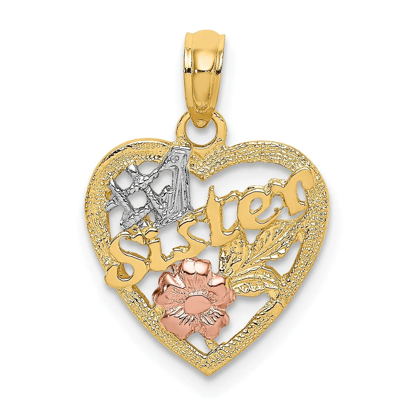 14k Yellow, Rose, Gold White Rhodium #1 SISTER In Heart with Flower Design Charm Pendant