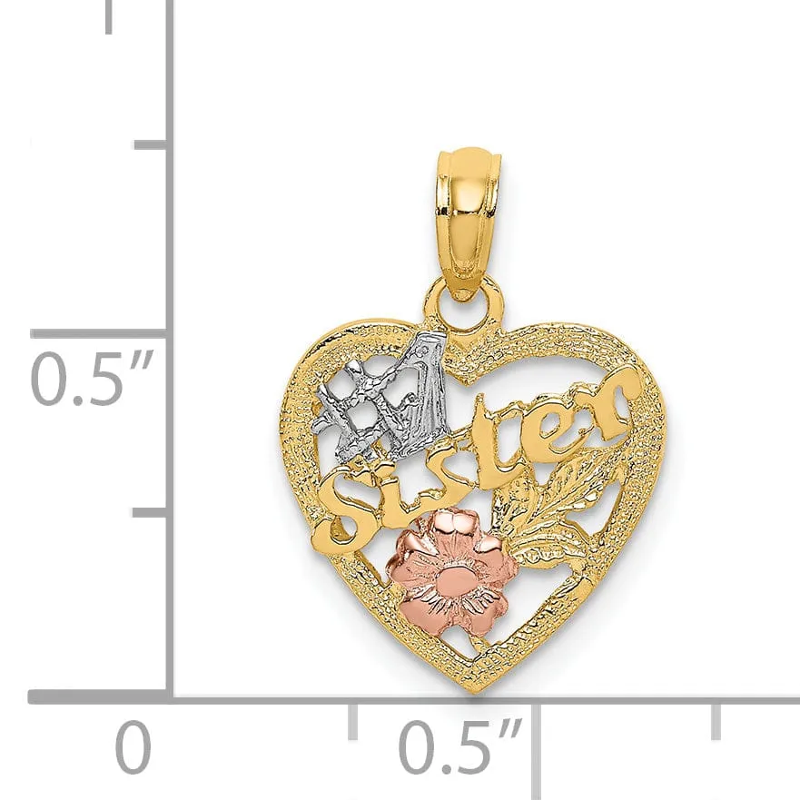 14k Yellow, Rose, Gold White Rhodium #1 SISTER In Heart with Flower Design Charm Pendant