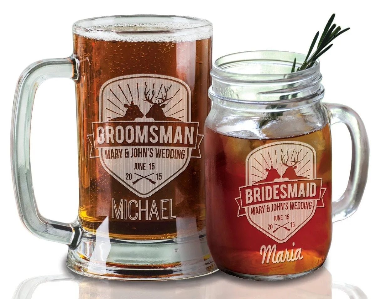 16 Oz Buck and Doe Hunter Bridesmaid Groomsman Beer Mugs Mason Camo Wedding Barn Hunting Groomsmen Personalized Gift Bulk Discount Country