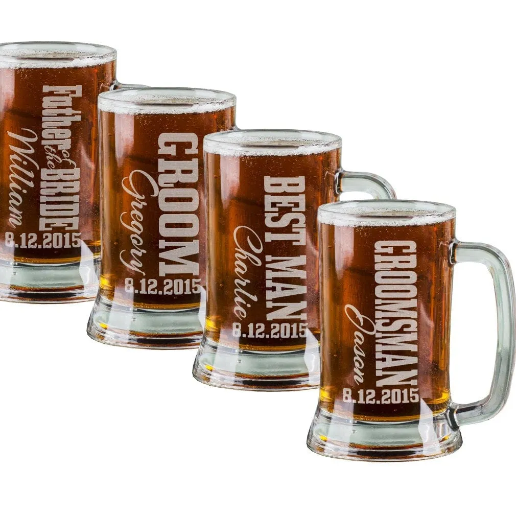 16 Oz Groomsmen Beer Mugs Engraved Wedding Party Groomsman Best Man Groom Father of the Bride Gift Bulk Discounts Glass Beer Stein Etched