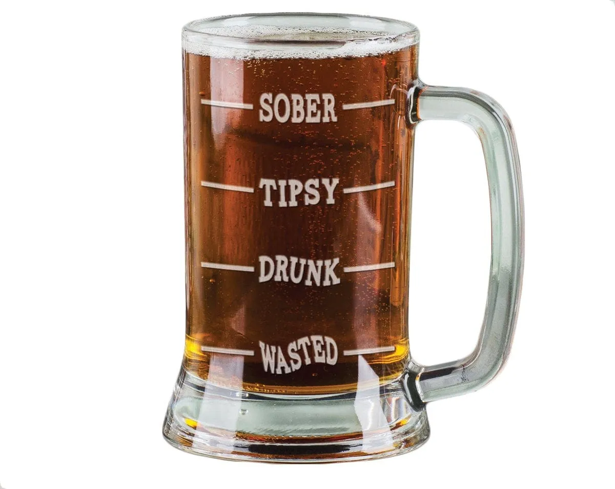 16 Oz SOBER Tipsy Drunk WASTED Funny Beer Glass Mug Engraved Gag Gift Idea Presents for Men Guys Him Humor Fun Stuff Beer Drinker Gifts