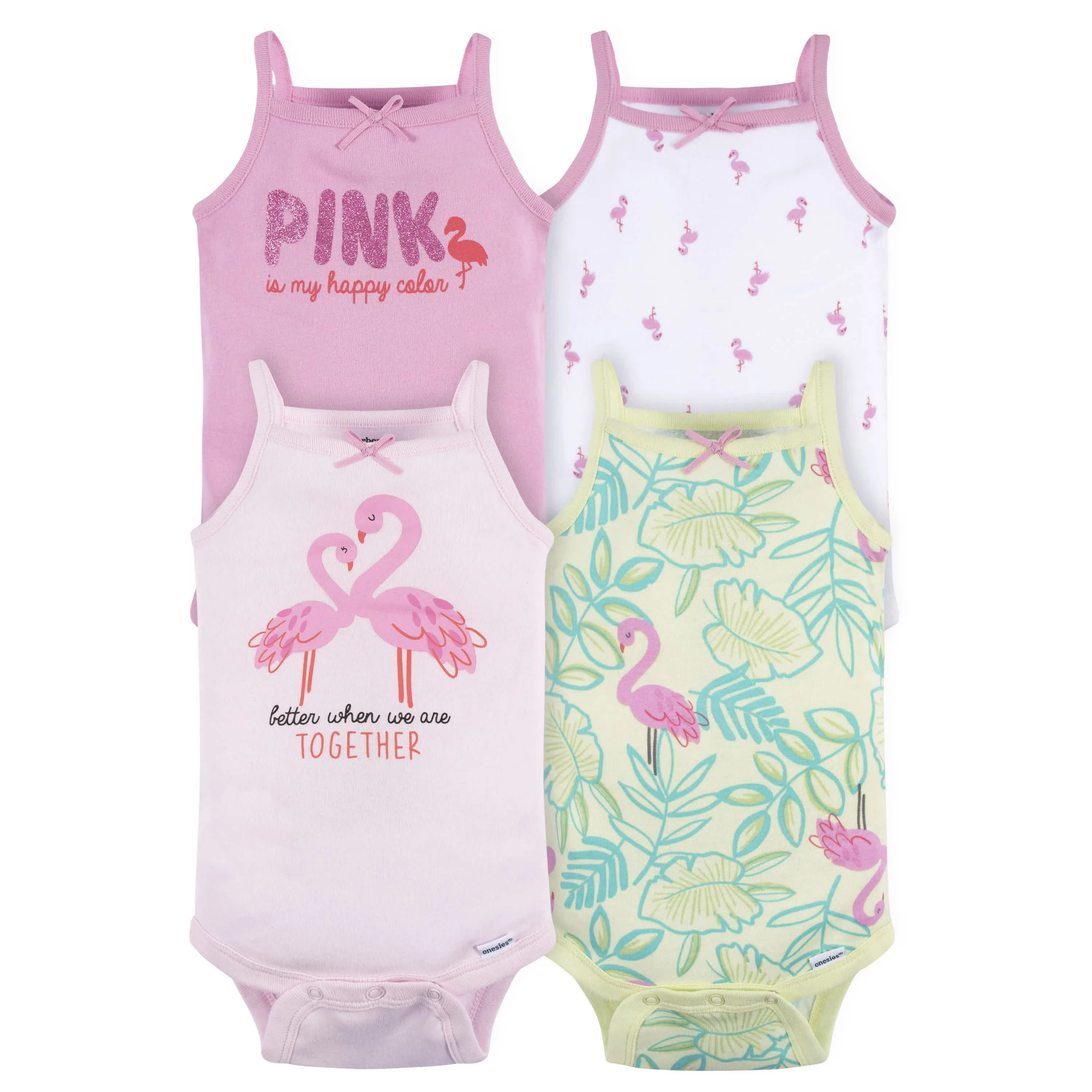 4-Pack Baby Girls Flamingo Fun Sleeveless Onesies® Bodysuits