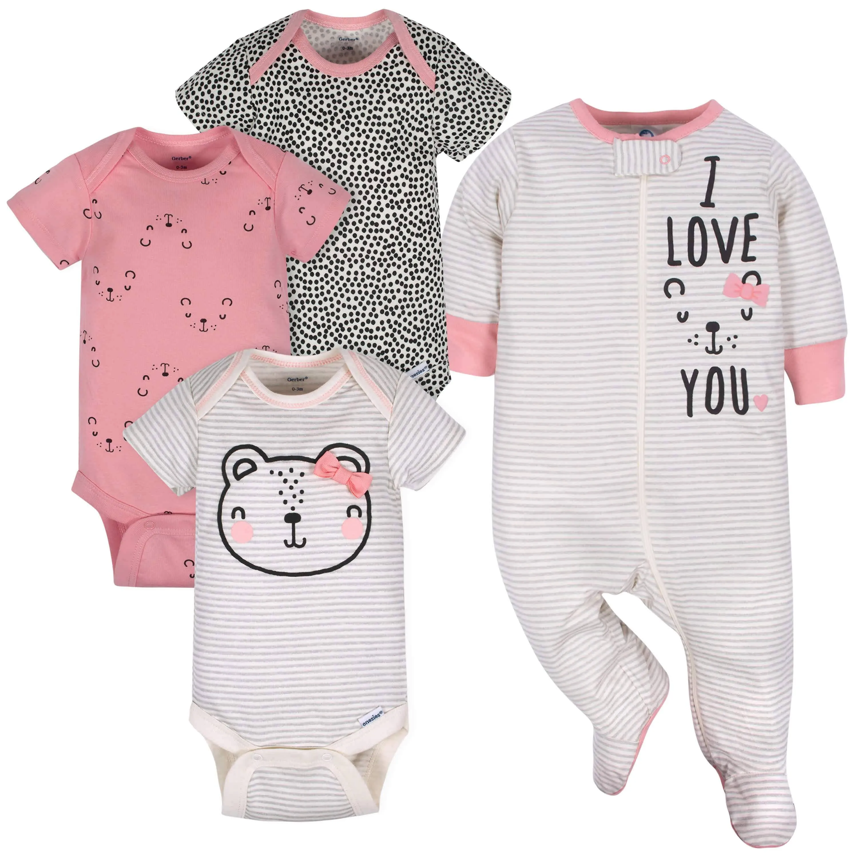 4-Piece Baby Girls Bear Onesies® Bodysuits & Sleep 'N Play Set