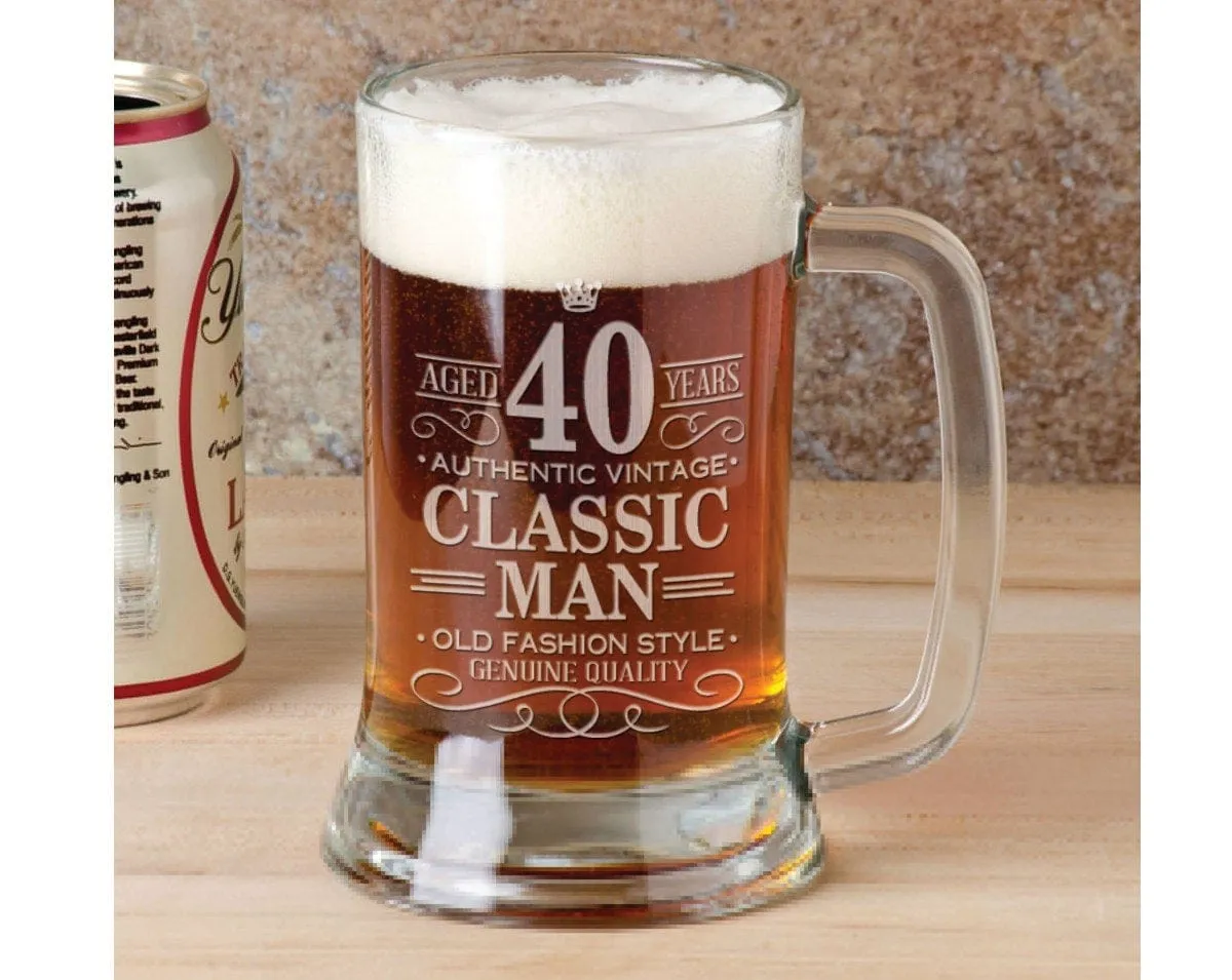 40th Birthday Classic Man 16Oz Beer Stein Mug Engraved Present for Him Gift Idea Etched Funny 40 Birthday from Son Daugther Father Present