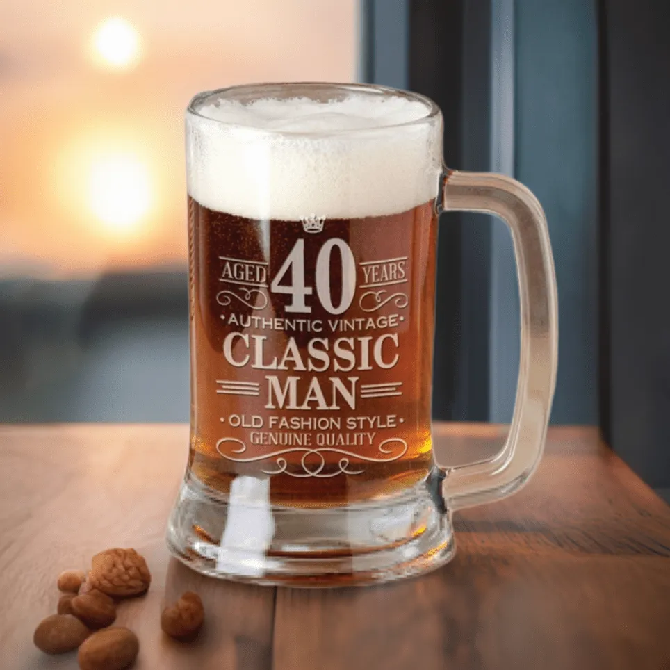 40th Birthday Classic Man 16Oz Beer Stein Mug Engraved Present for Him Gift Idea Etched Funny 40 Birthday from Son Daugther Father Present