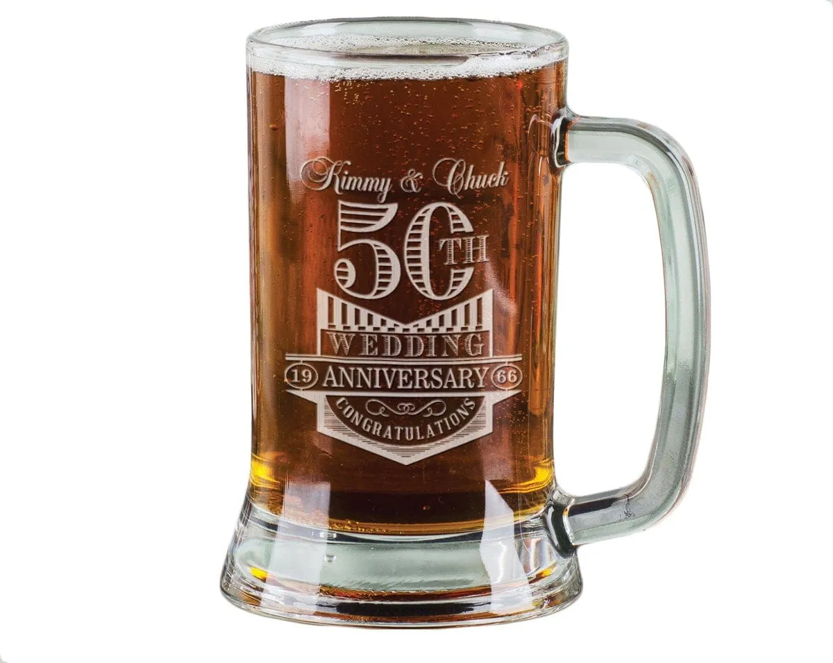 50th 40th 30th 20th 10th Anniversary 16 Oz Beer Mug Engraved Couple's Name Anniversary Design Gift Idea Personalized Drinking Glass Etched