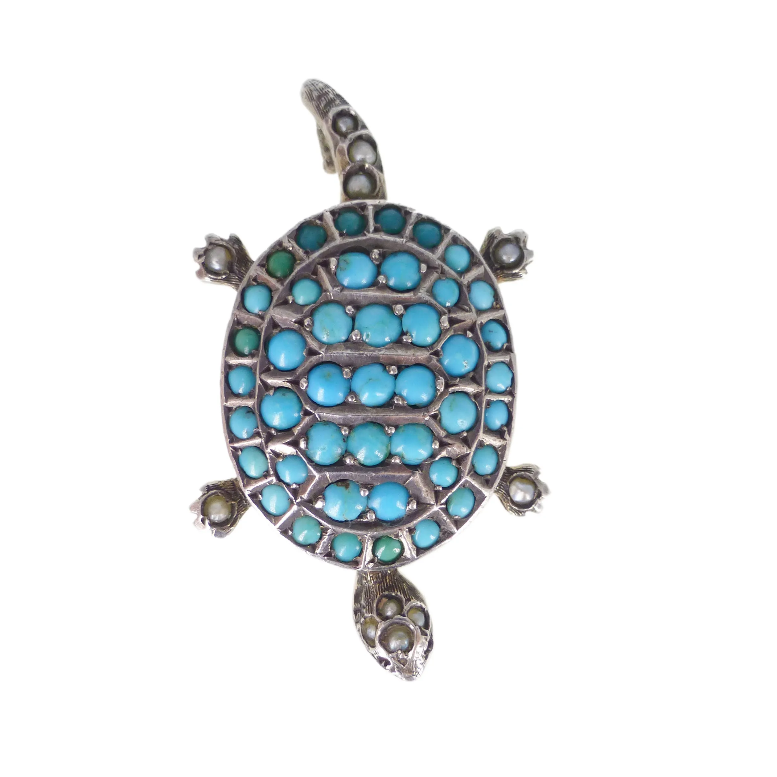 Antique Russian Silver Turquoise & Pearl Tortoise Locket Pendant