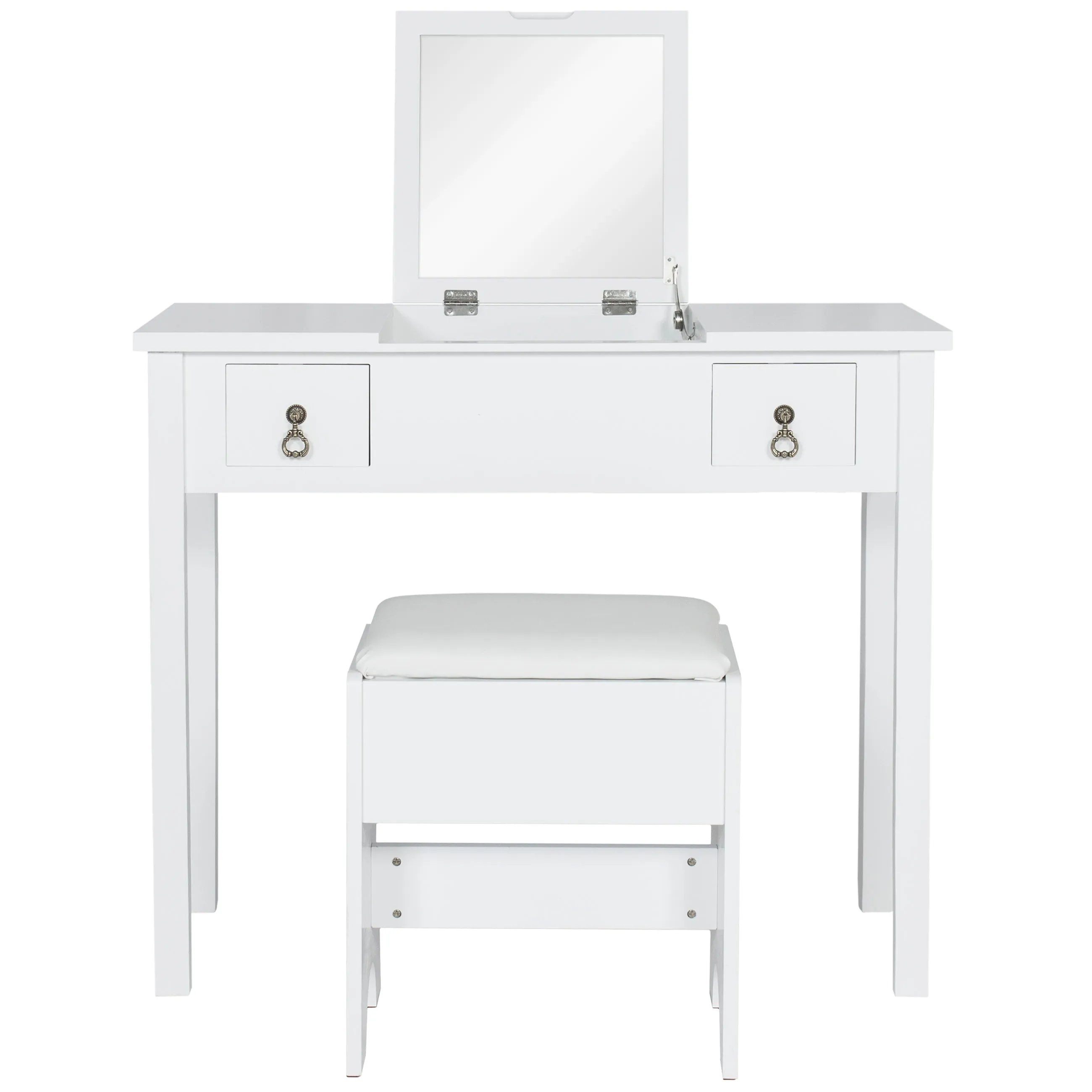 Bathroom Vanity Table Set w/ Square Mirror, Stool