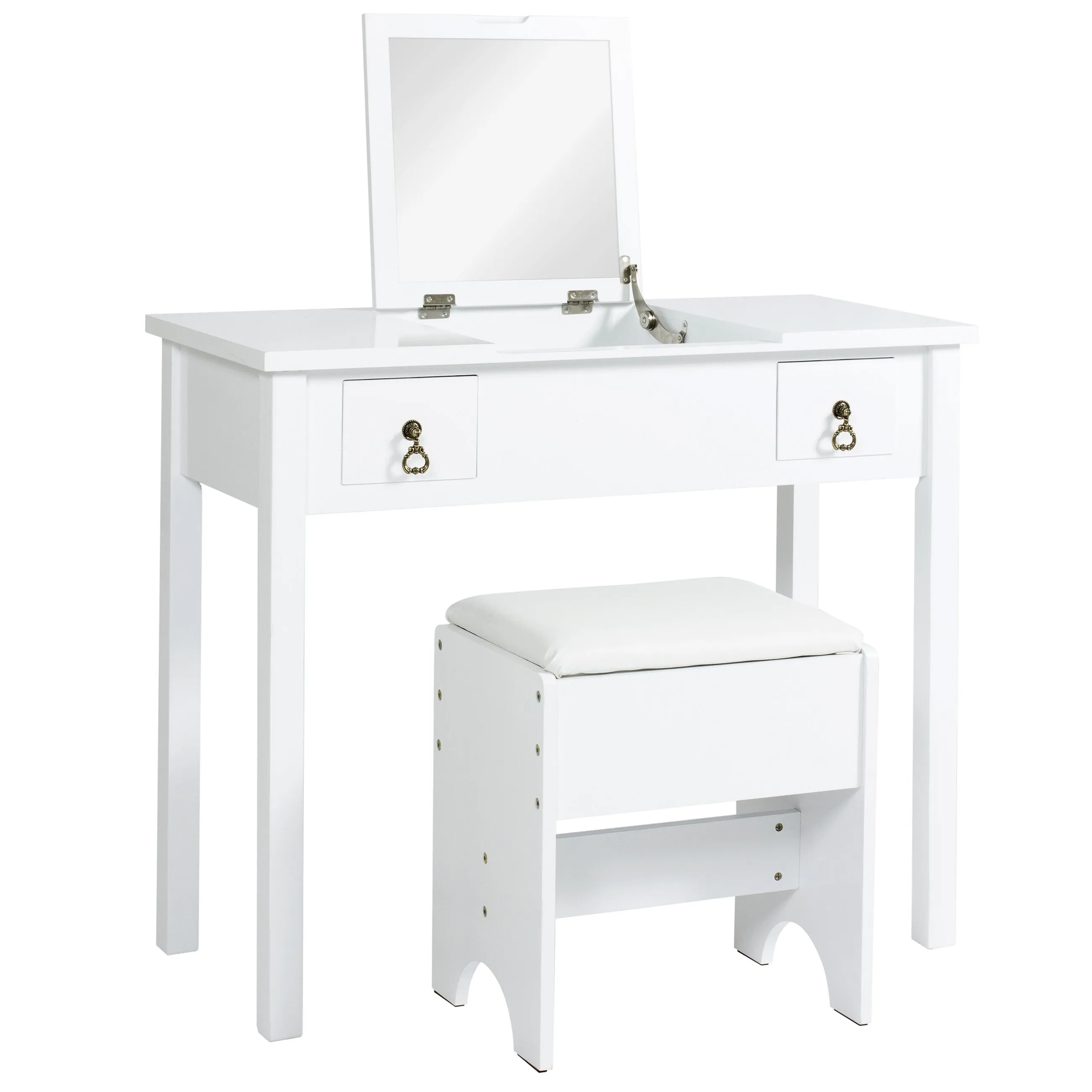 Bathroom Vanity Table Set w/ Square Mirror, Stool