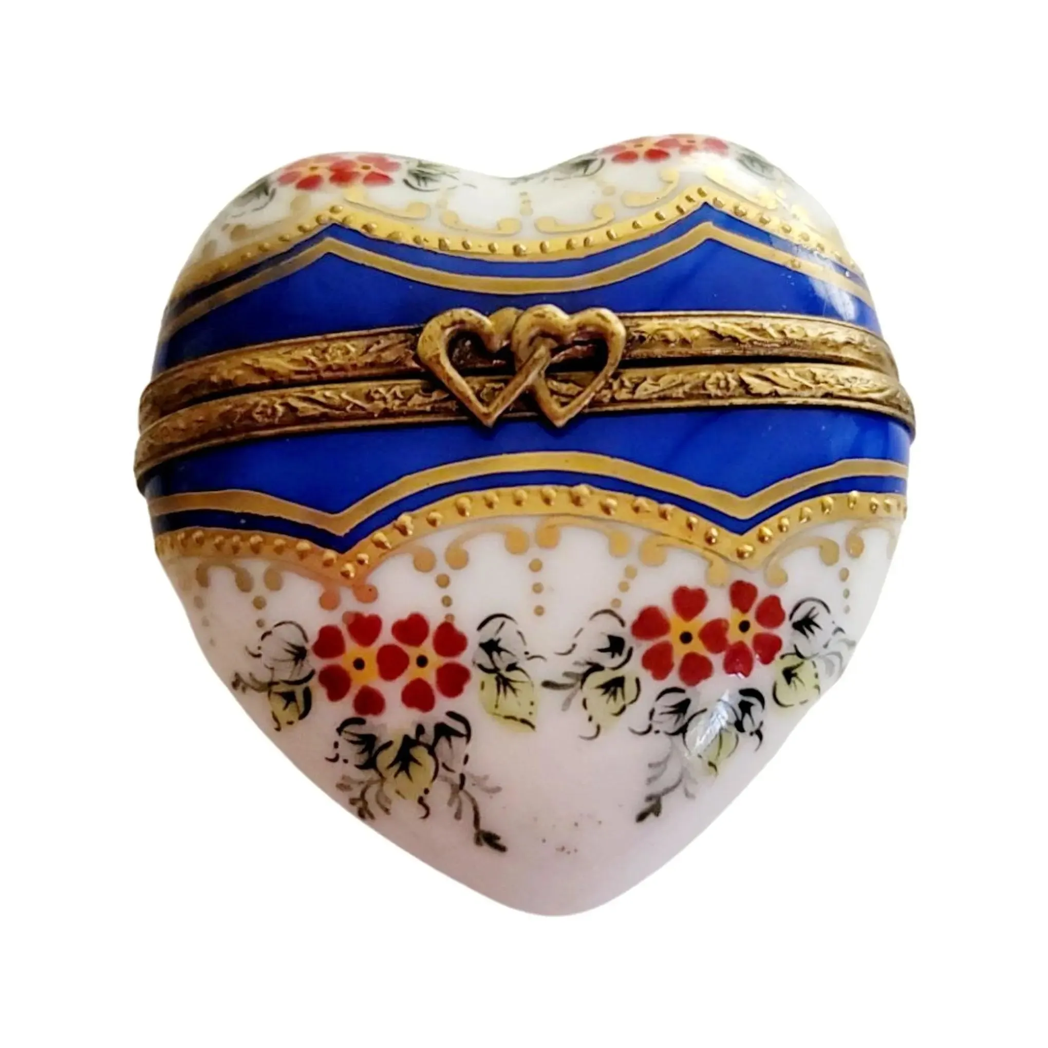 Blue Gold Heart with Red Flowers