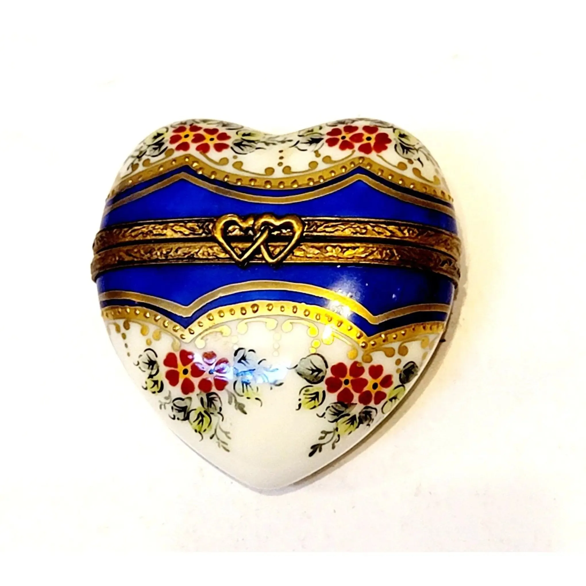 Blue Gold Heart with Red Flowers