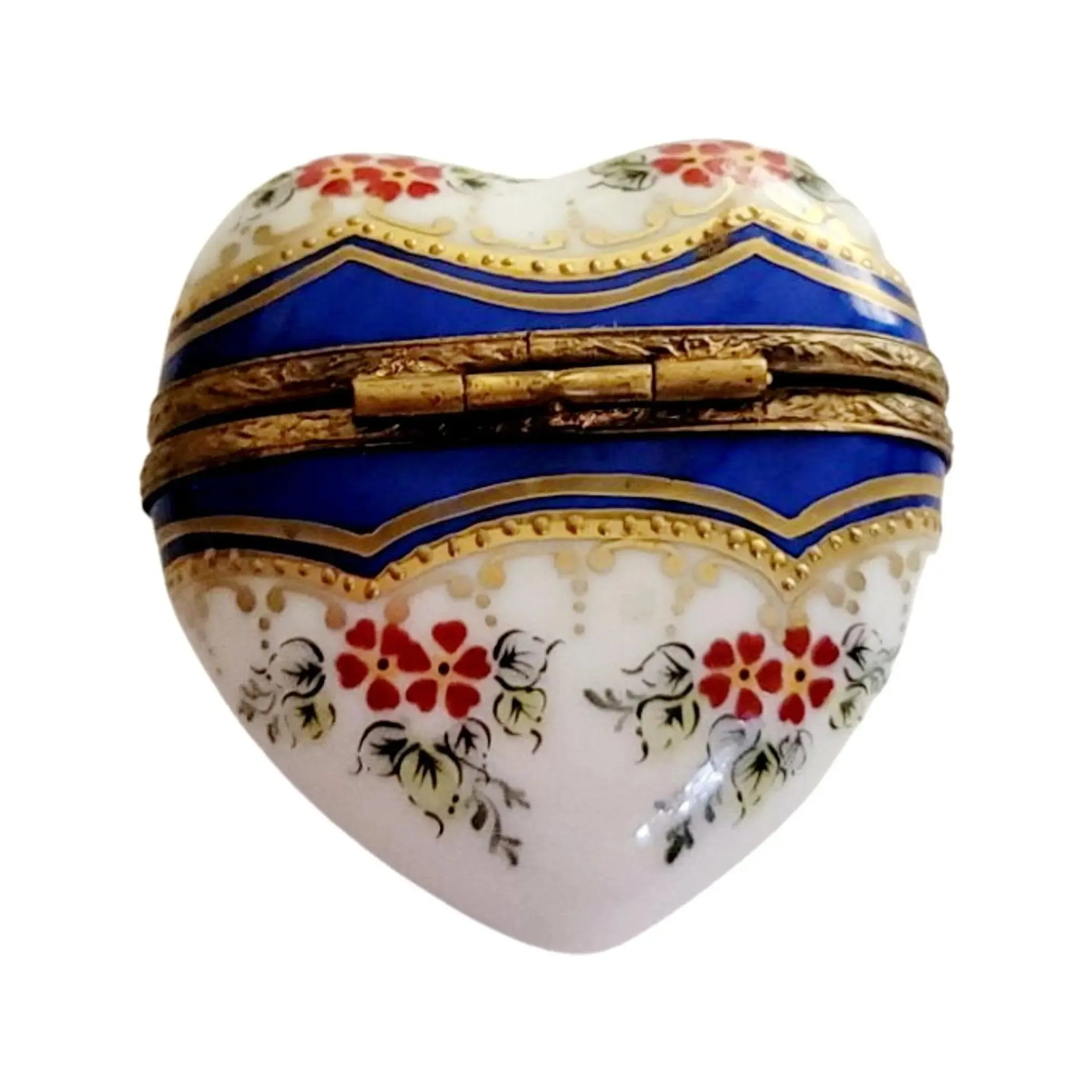 Blue Gold Heart with Red Flowers