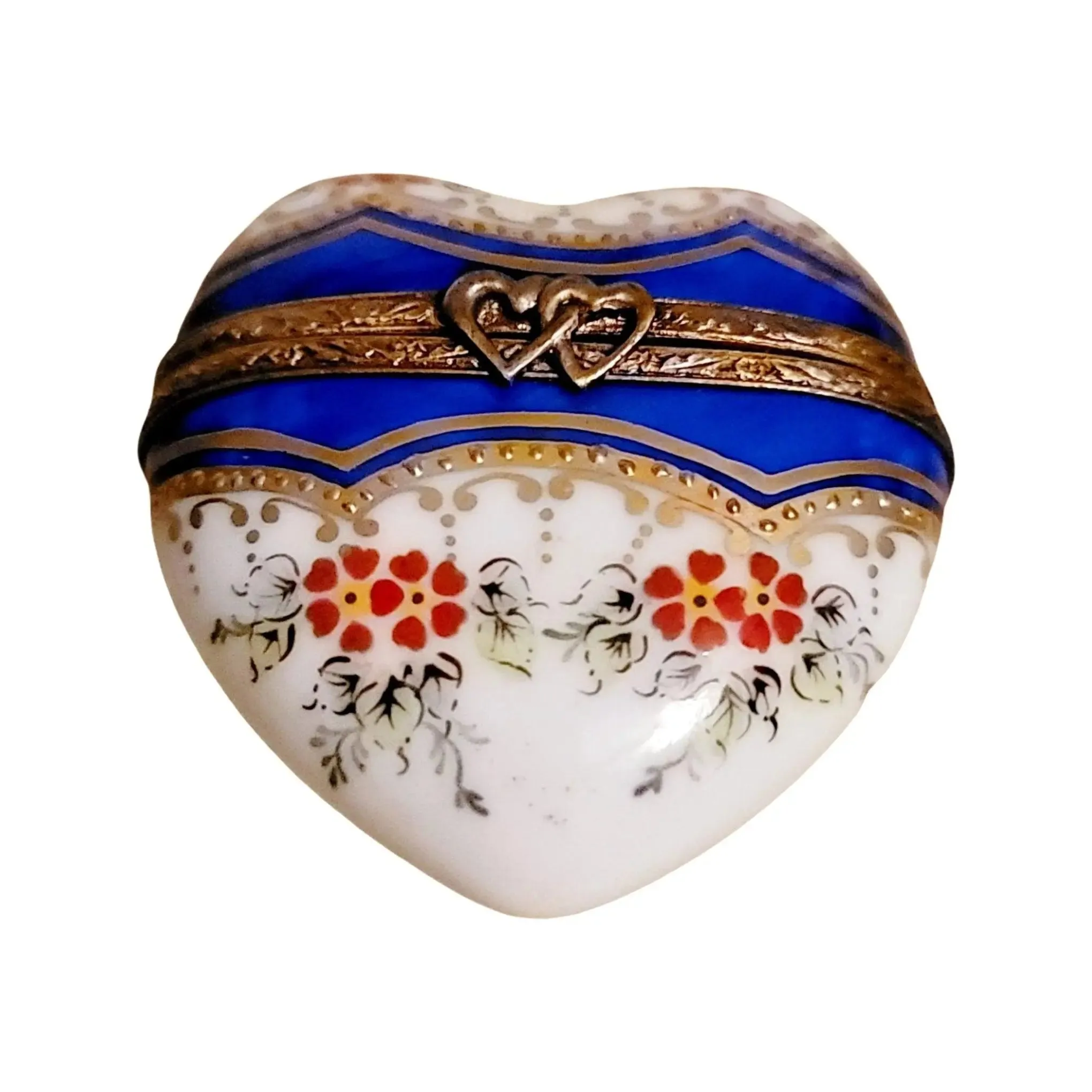 Blue Gold Heart with Red Flowers