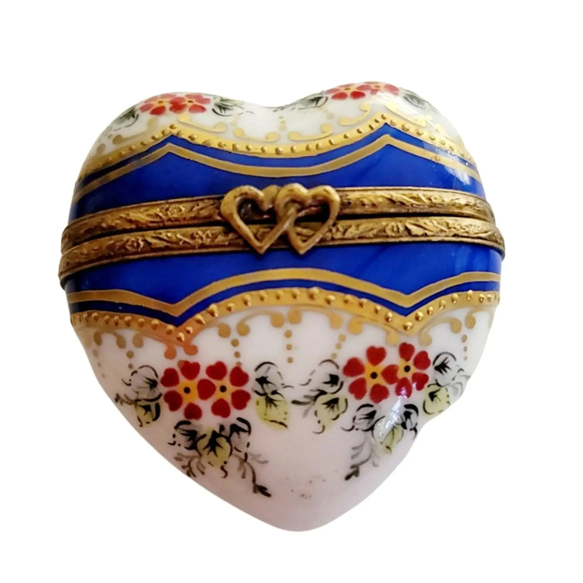 Blue Gold Heart with Red Flowers