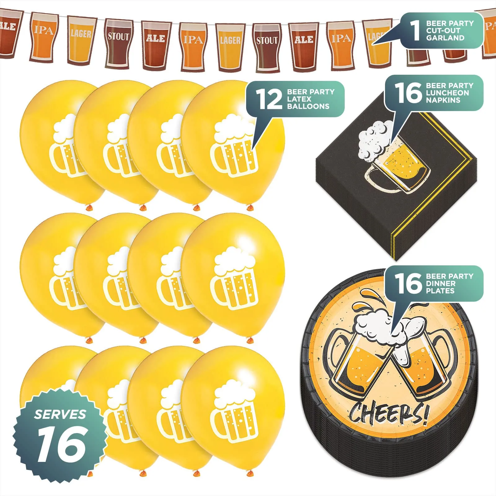 Cheers and Beers Party Paper Dinner Plates, Napkins, Table Cover, Mug Garland and Balloon Set (Serves 16)