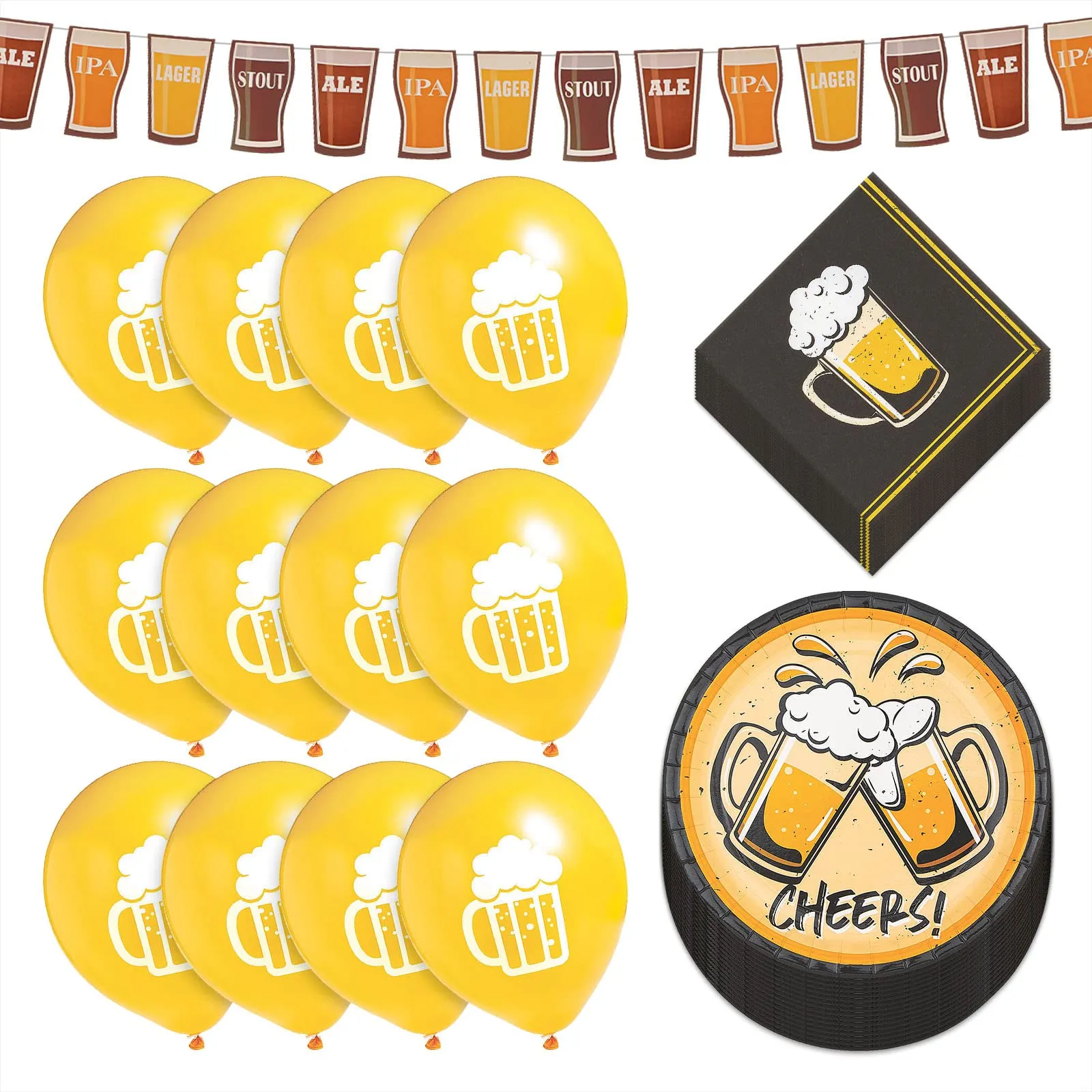 Cheers and Beers Party Paper Dinner Plates, Napkins, Table Cover, Mug Garland and Balloon Set (Serves 16)