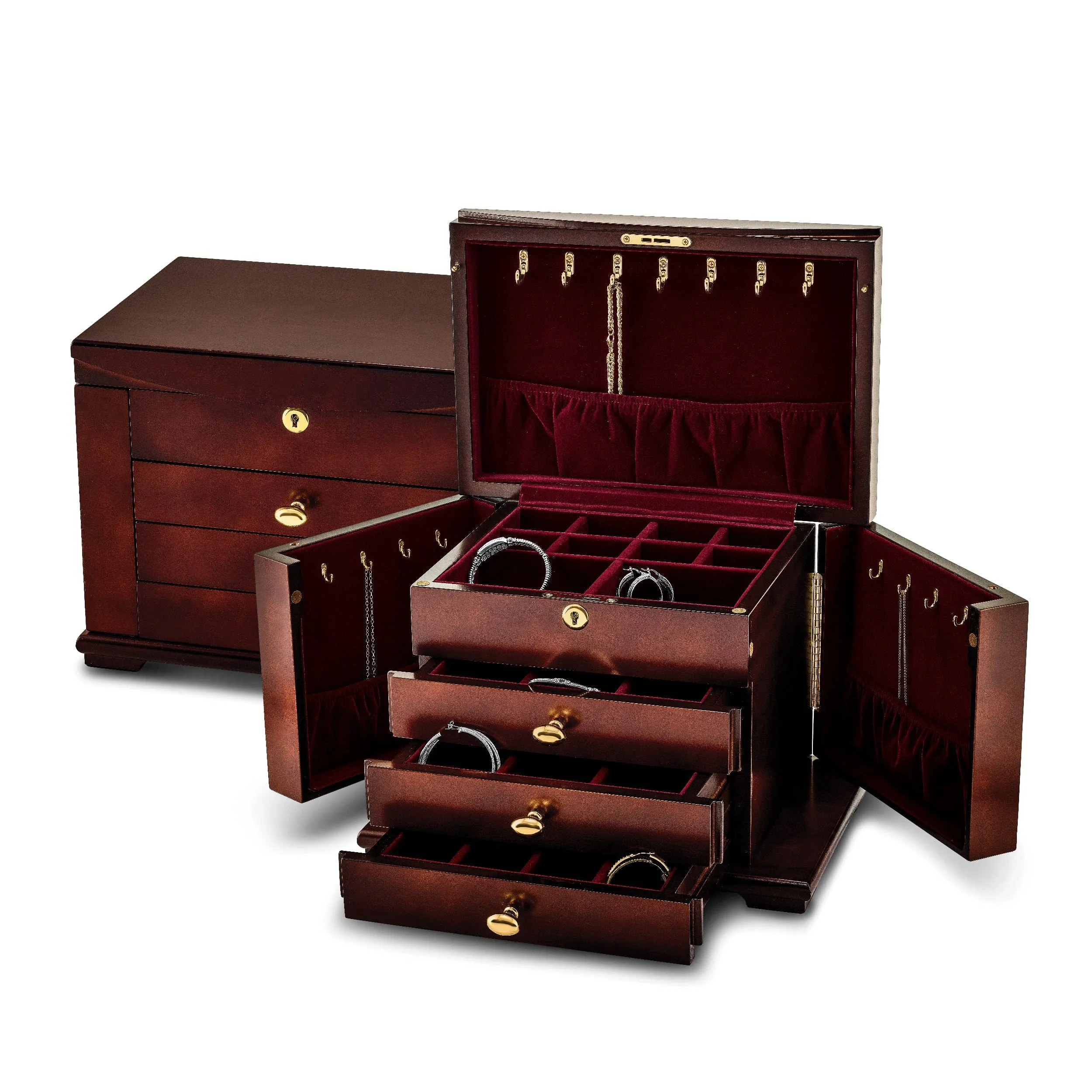 Cherry Finish Veneer Jewelry Chest Side Doors