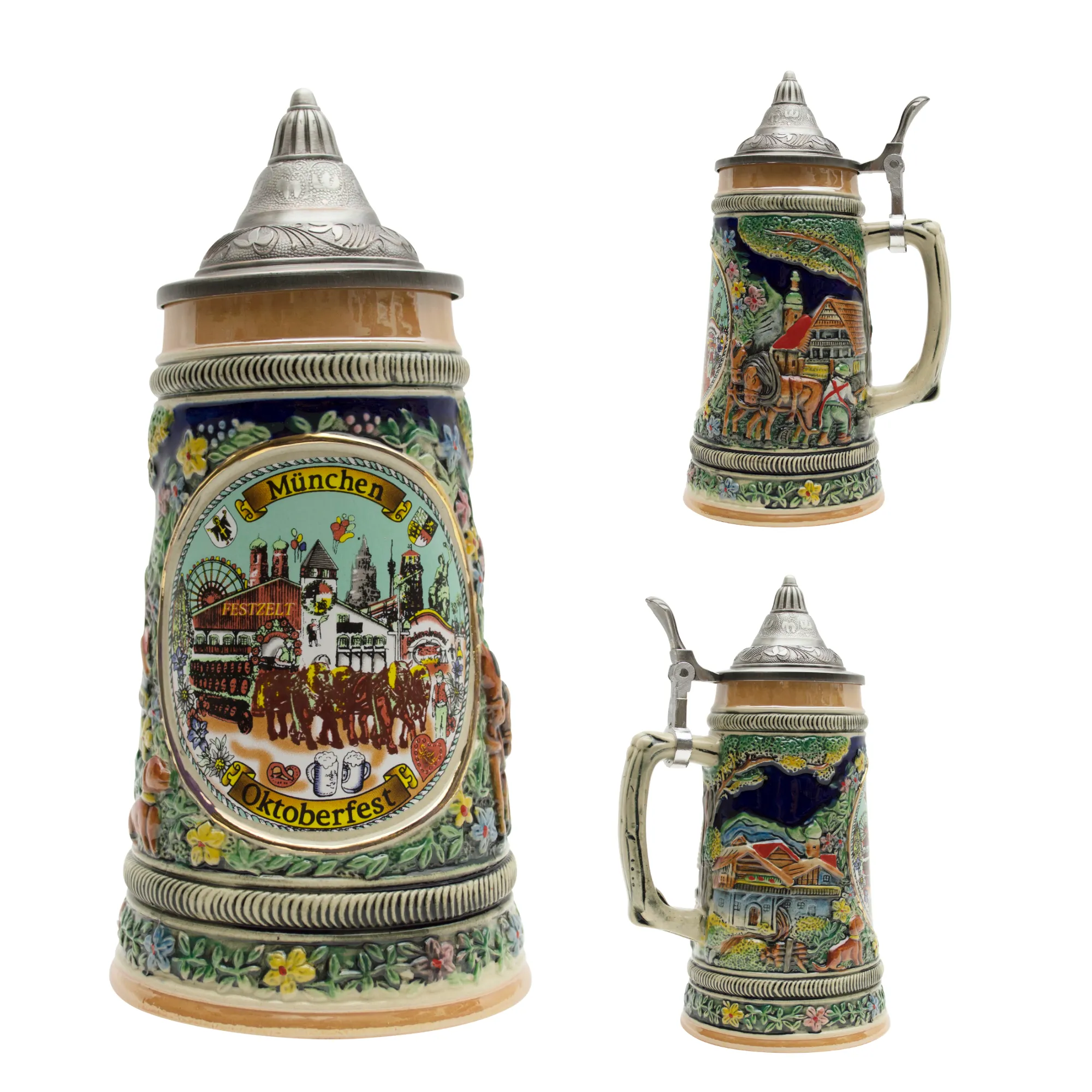 Collectible Oktoberfest Deluxe Beer Stein with Engraved Metal Lid