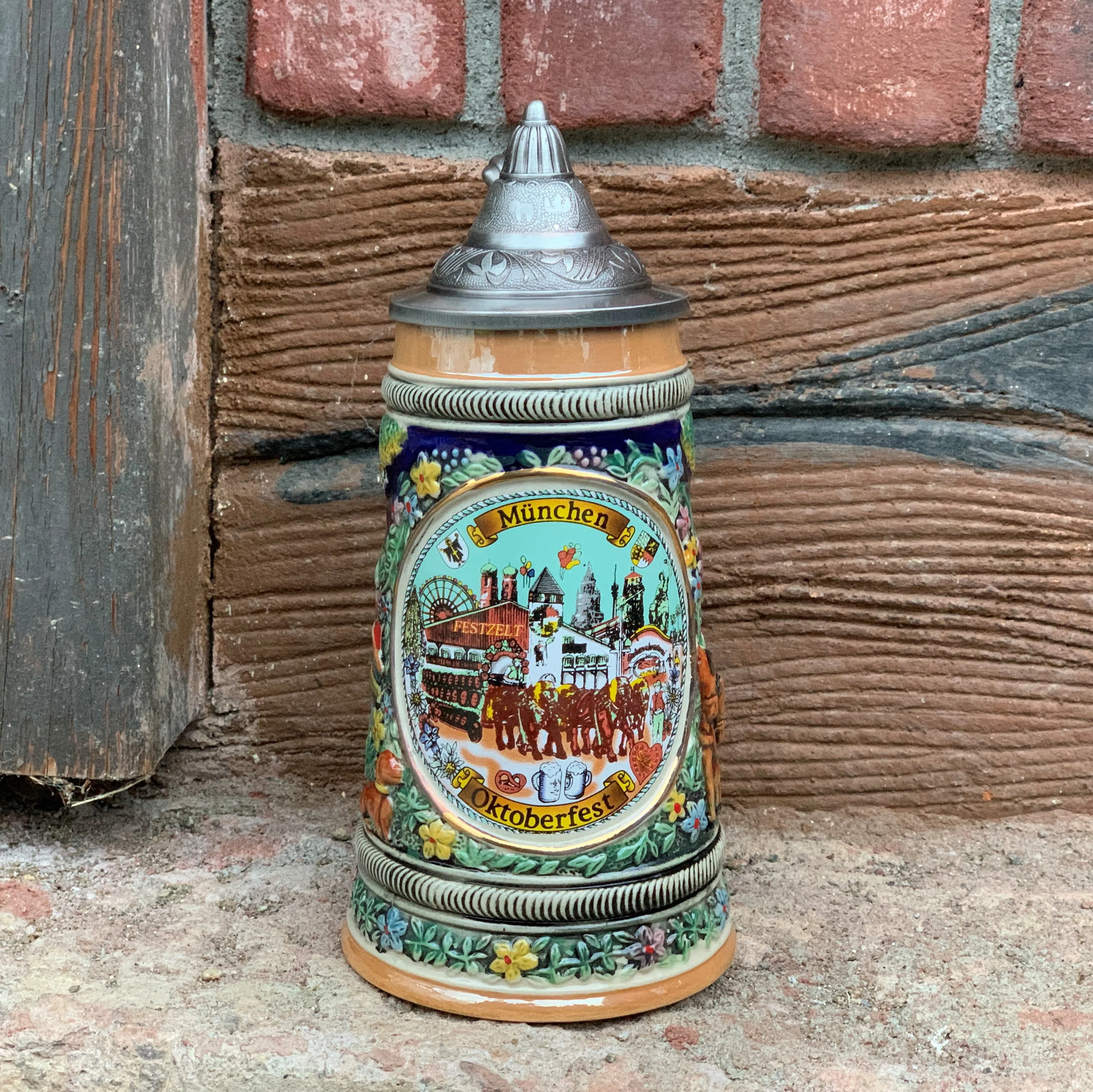 Collectible Oktoberfest Deluxe Beer Stein with Engraved Metal Lid