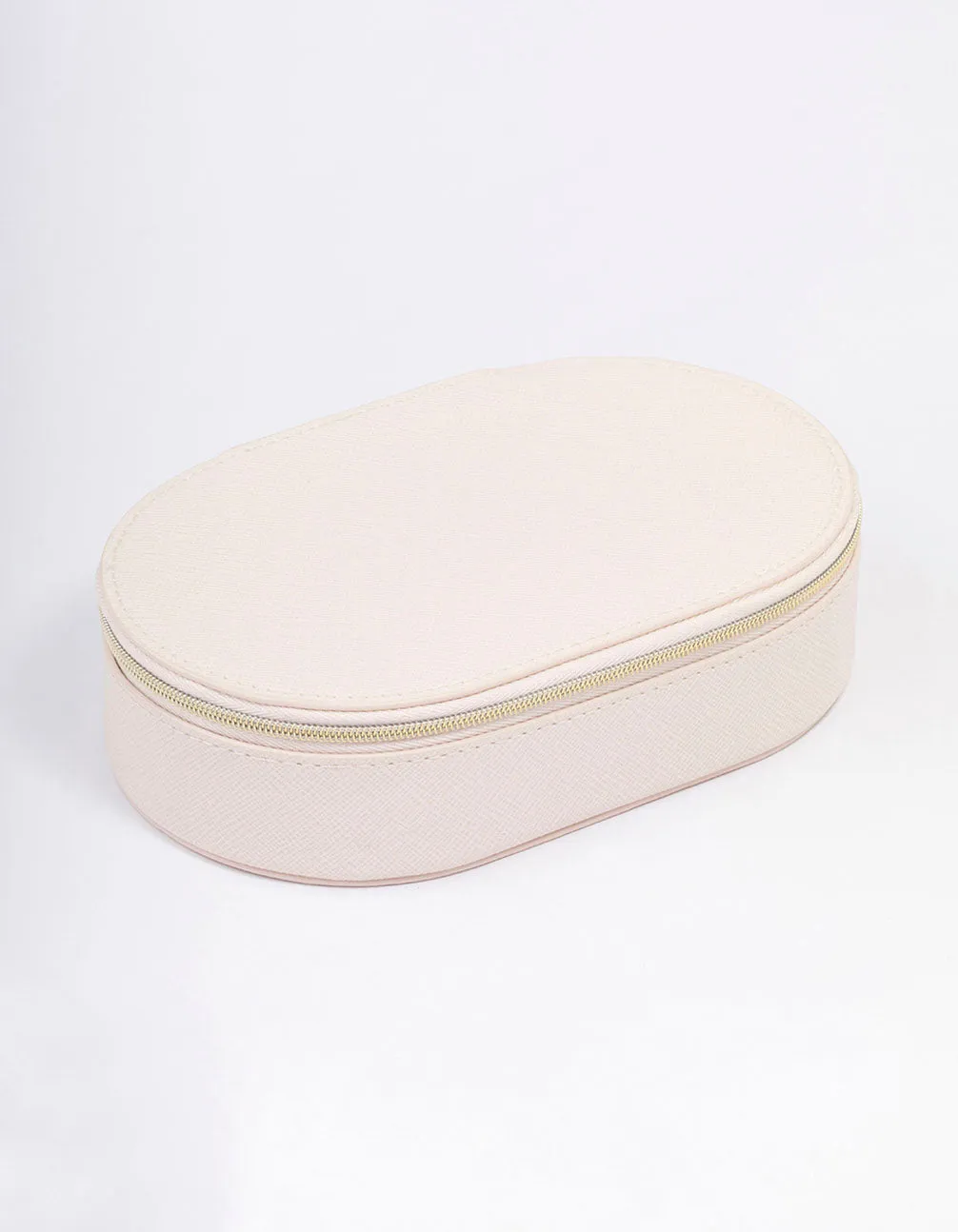 Cream Faux Leather Oval Compact Jewellery Box