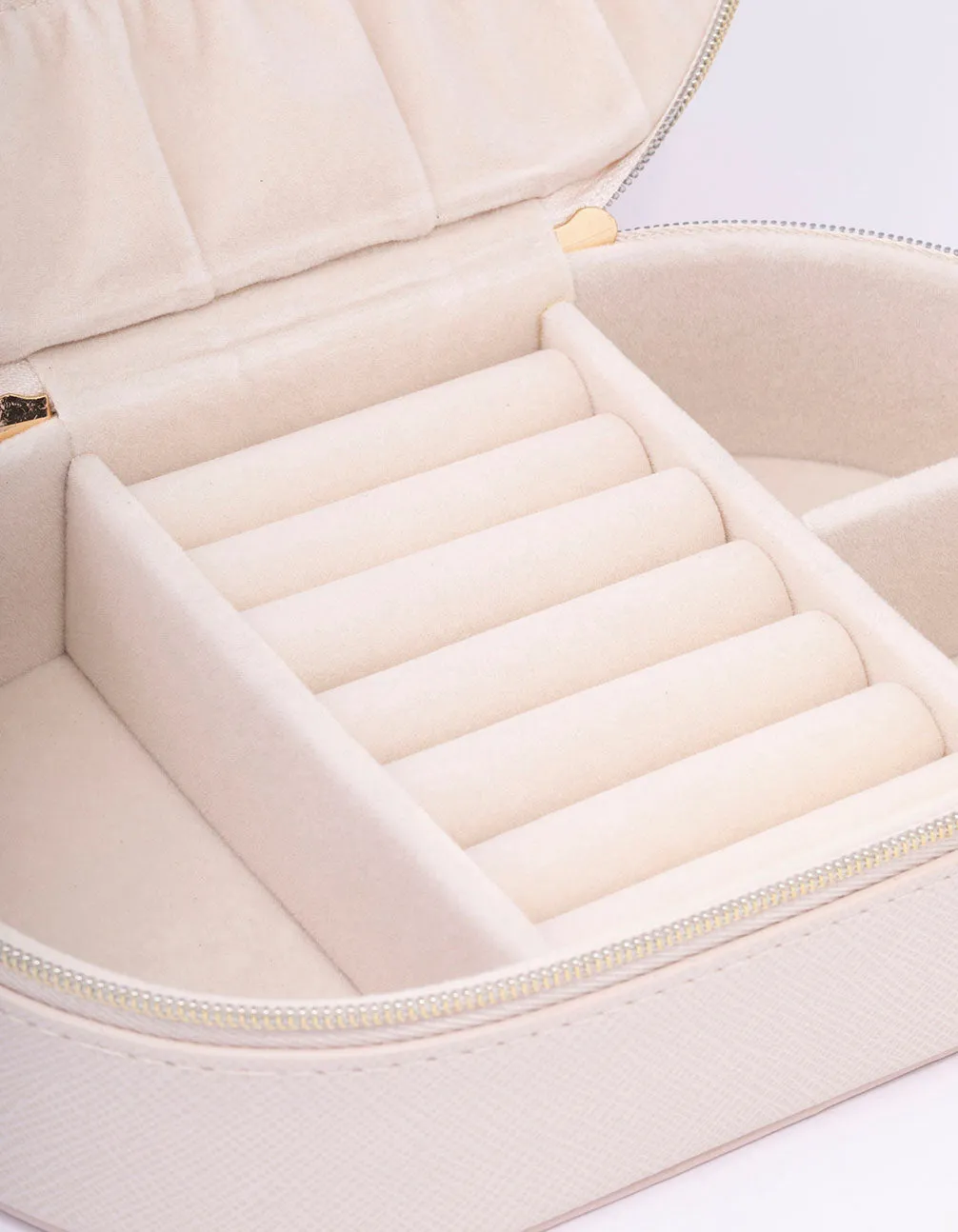 Cream Faux Leather Oval Compact Jewellery Box