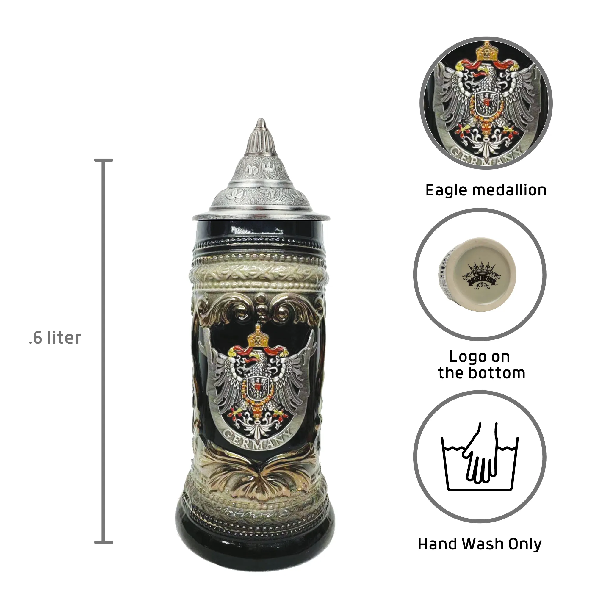 Deluxe Relief Eagle Medallion Lidded German Beer Stein | .6 Liter