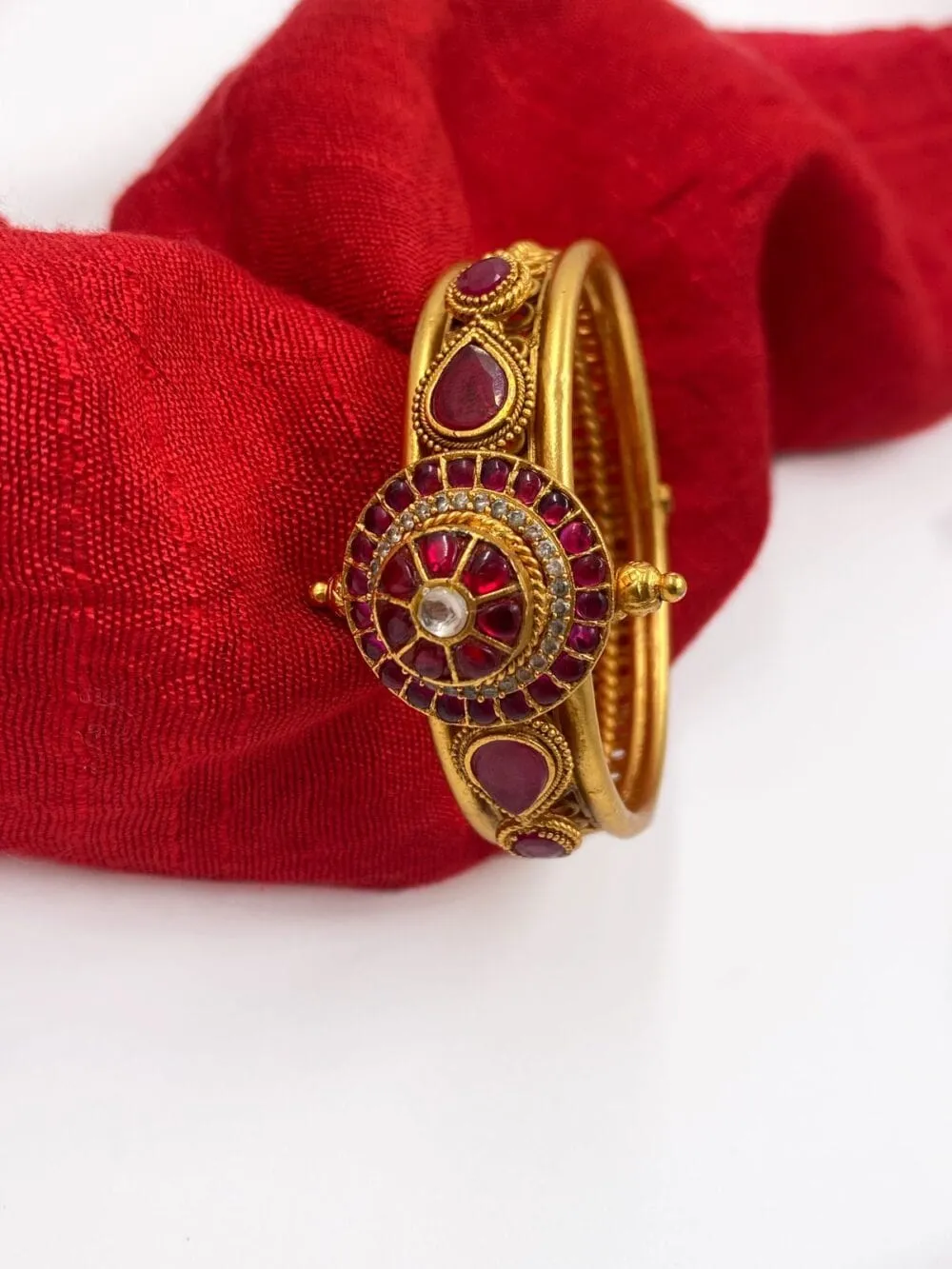 Designer Gold Plated Antique Ruby Kada Bracelet For Ladies By Gehna Shop