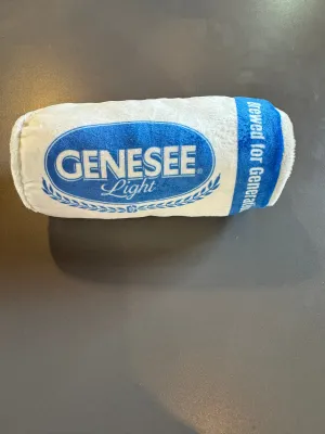 Genesee light plush beer can dog toy.