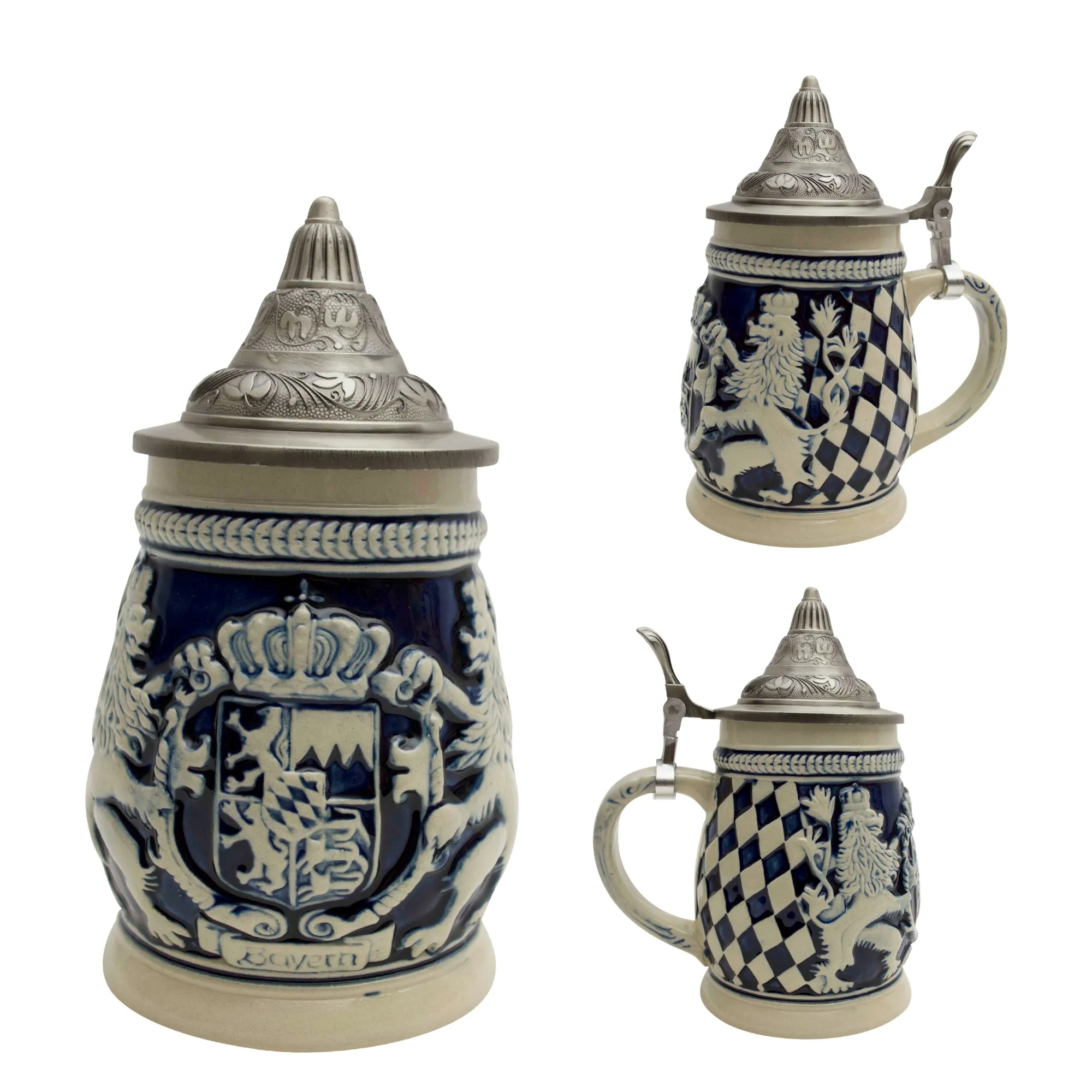 Germany Bayern Coat of Arms Cobalt Blue Beer Stein with Engraved Metal Lid