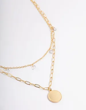 Gold Plated Disc Drop Chain Cubic Zirconia Double Layer Necklace