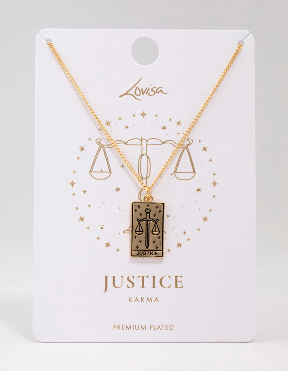 Gold Plated Justice Tarot Card Pendant Necklace