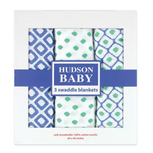 Hudson Baby Cotton Muslin Swaddle Blankets, Blue Dots