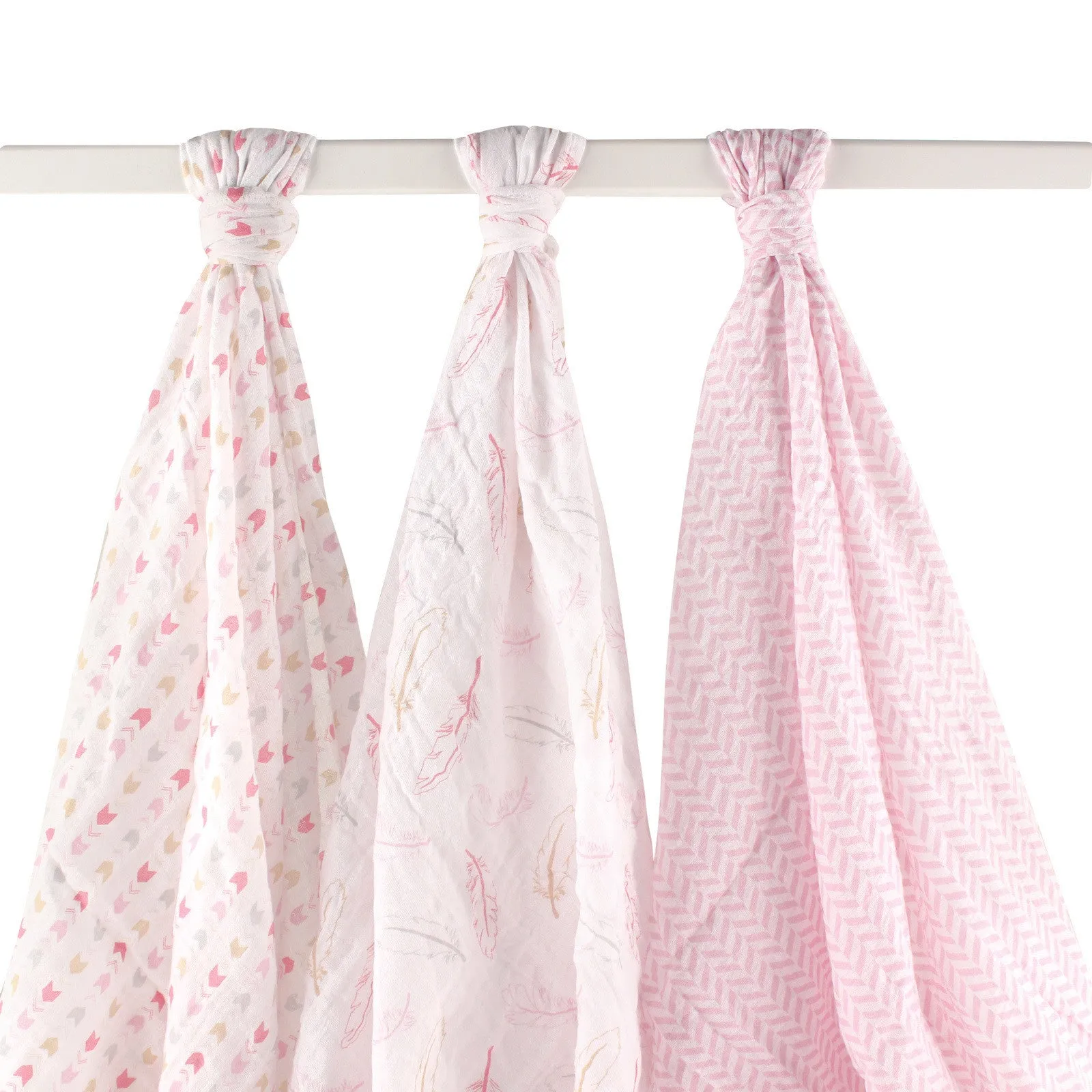 Hudson Baby Cotton Muslin Swaddle Blankets, Pink Feather