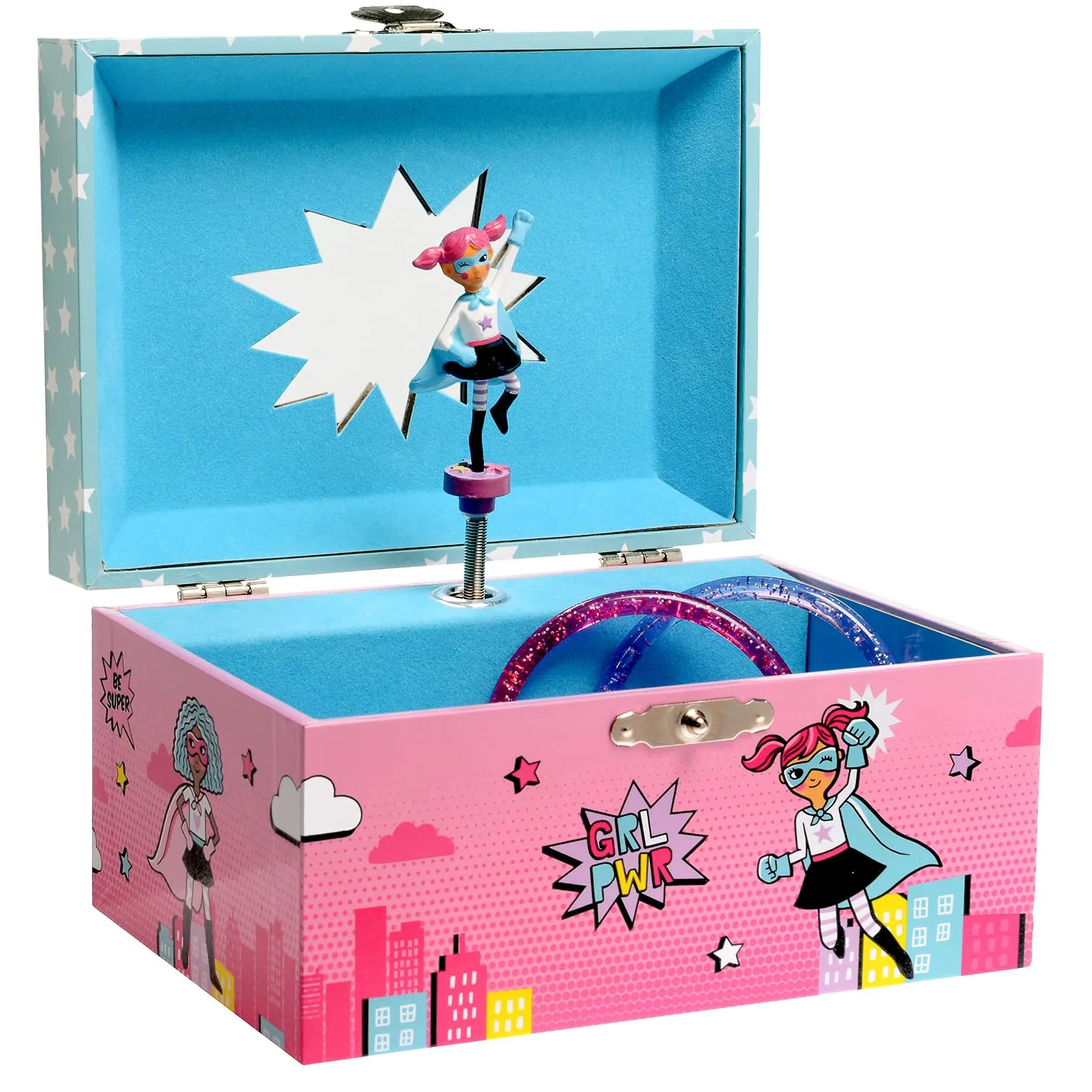 Jewelkeeper Girl's Musical Jewelry Storage Box with Spinning Superhero, Girl Power Design