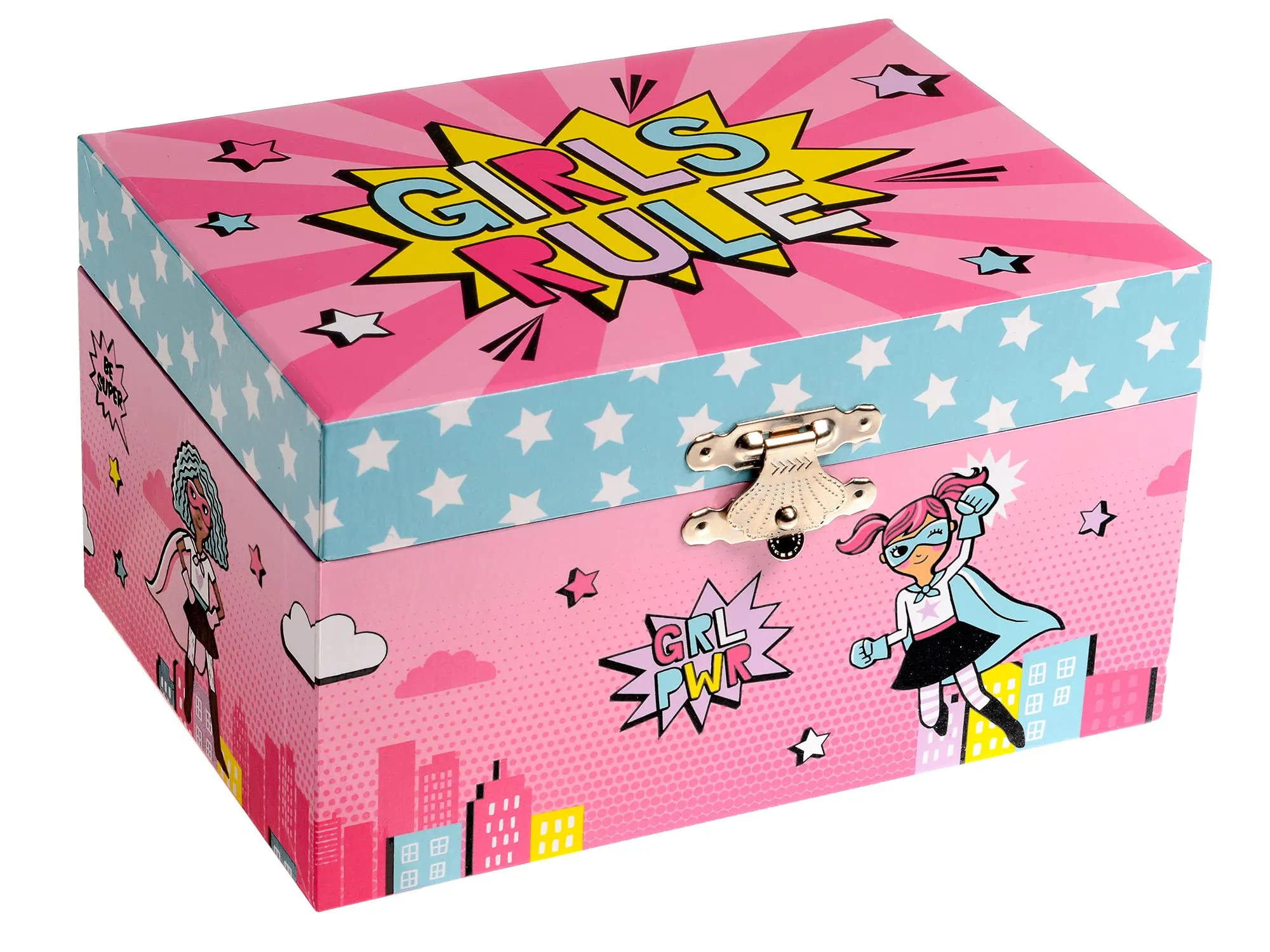 Jewelkeeper Girl's Musical Jewelry Storage Box with Spinning Superhero, Girl Power Design