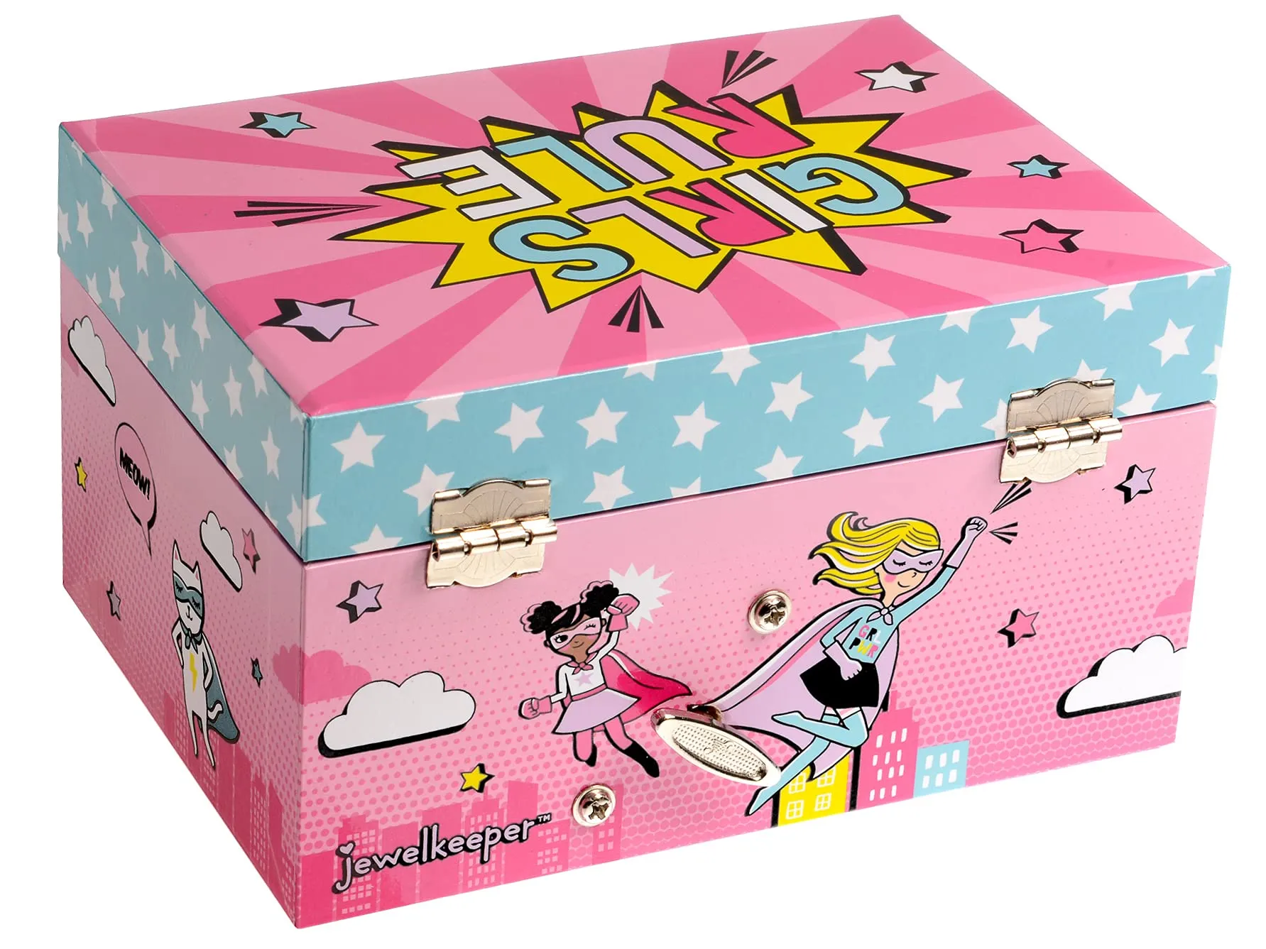 Jewelkeeper Girl's Musical Jewelry Storage Box with Spinning Superhero, Girl Power Design