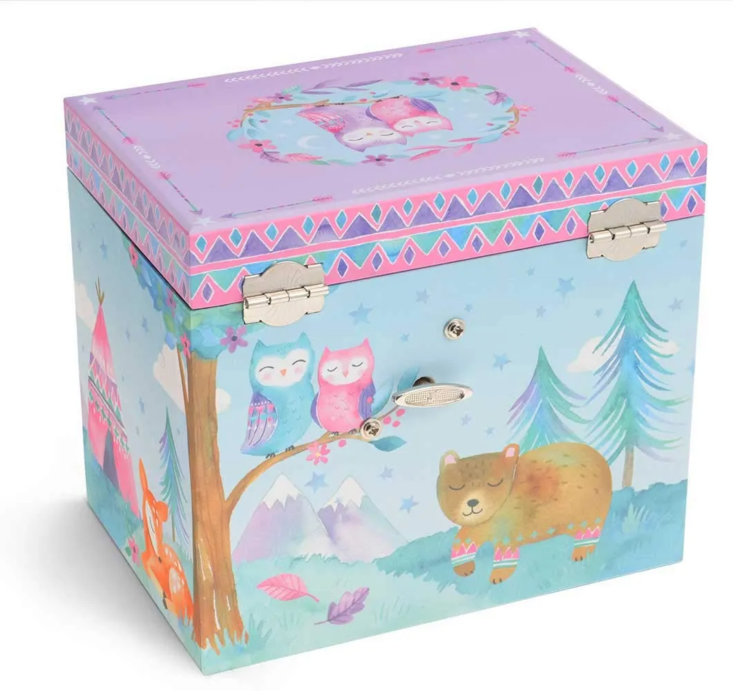 Jewelkeeper Musical Jewelry Box with 2 Pullout Drawers with Spinning Owls, Woodland