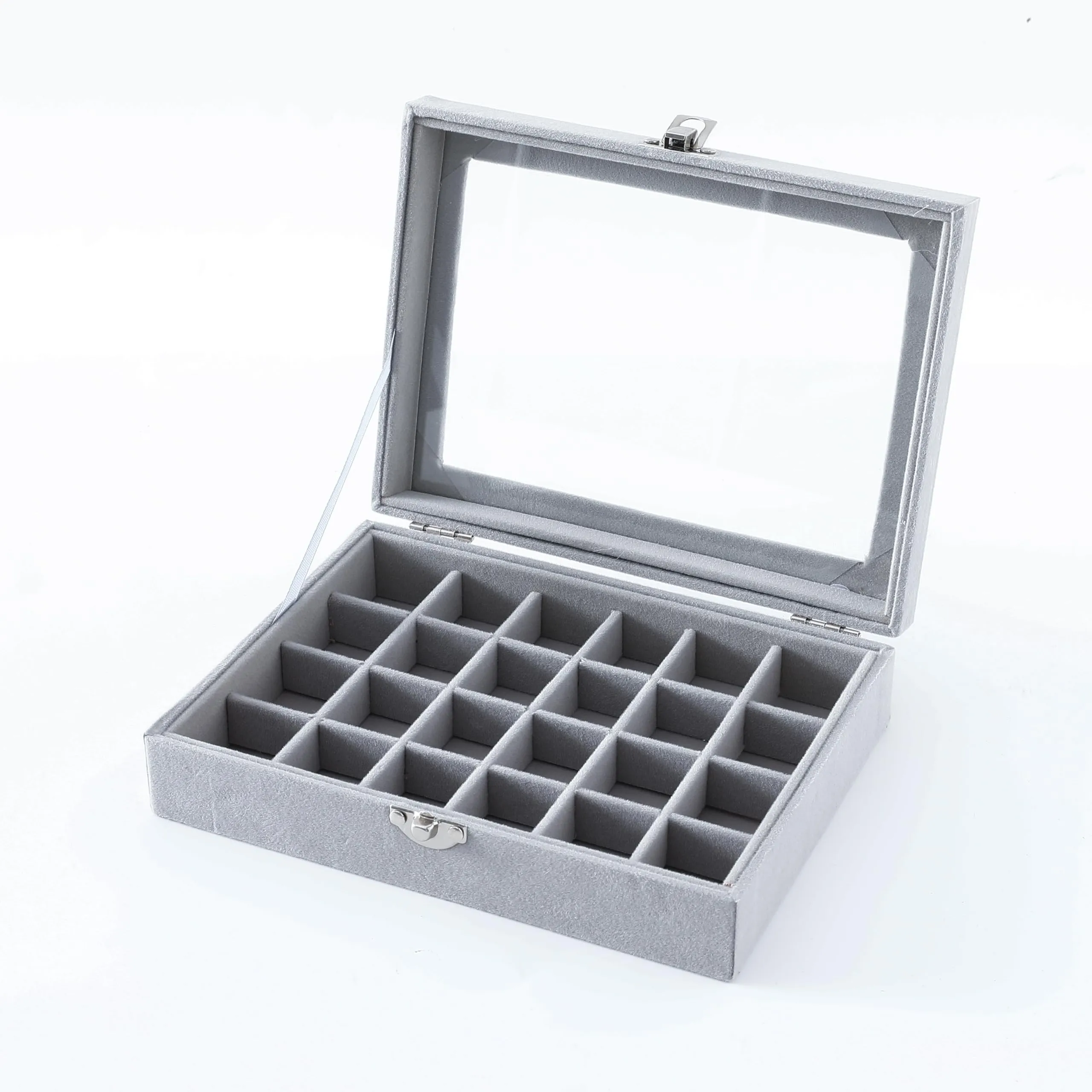 Kuber Industries 24 Grids Velvet Jewelry Box Organizer | Jewelry Storage Box | Jewelry Organizer | Showcase Holder Dresser Organizer for Earring Necklace Bracelet Ring | Pack of 2 | YBLG03 | Grey