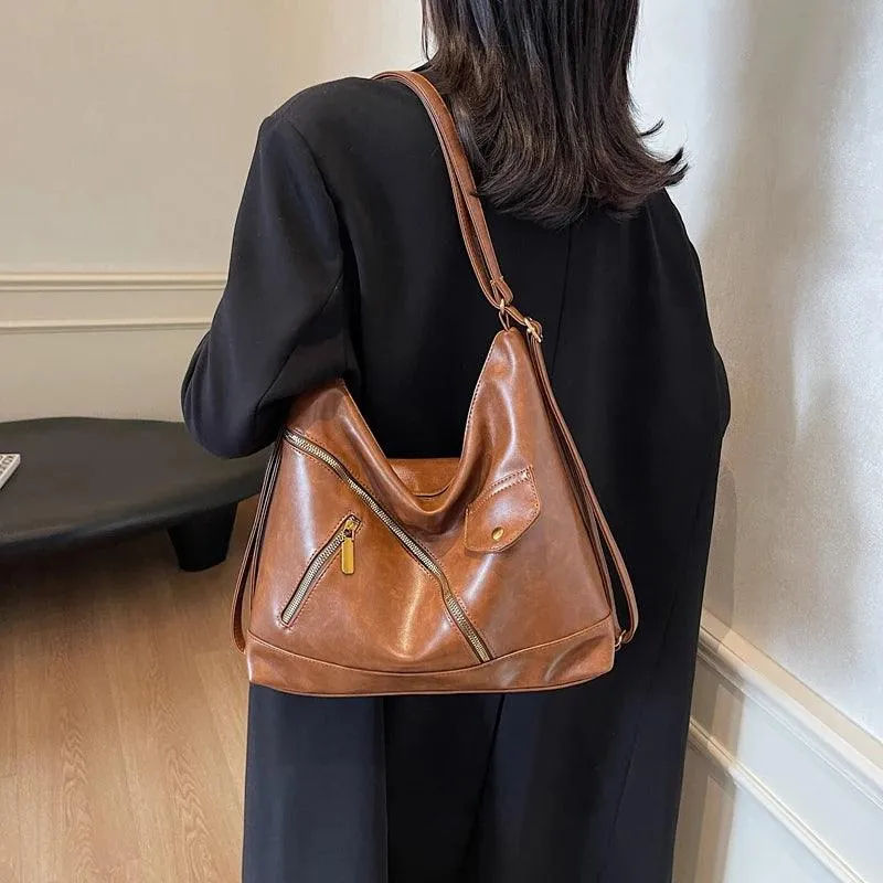 Large Leather Shoulder Bags Irregular Zip Outer Pockets Women Soft Handbags