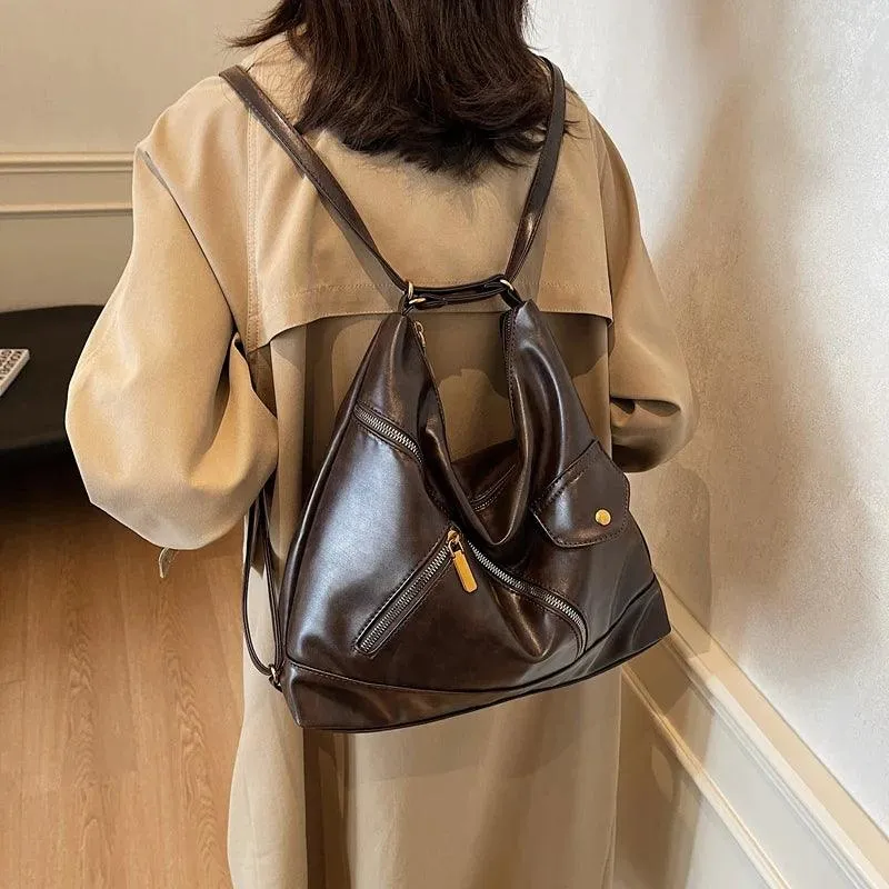 Large Leather Shoulder Bags Irregular Zip Outer Pockets Women Soft Handbags