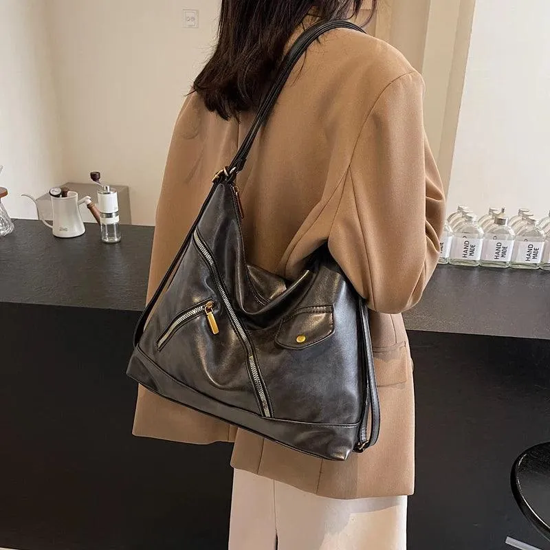 Large Leather Shoulder Bags Irregular Zip Outer Pockets Women Soft Handbags