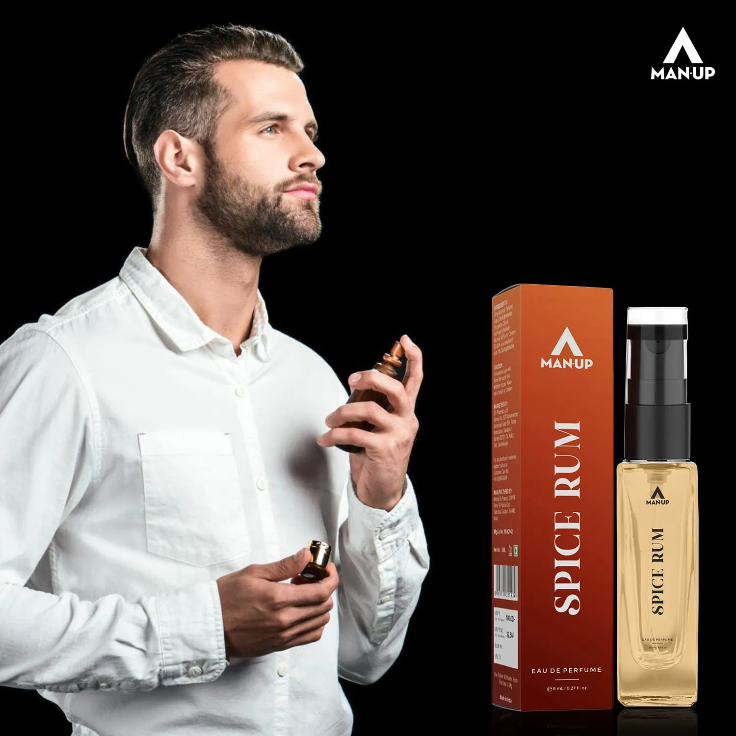 Man-Up Spice Rum Perfume For Men | Eau De Perfume | Premium Long Lasting Fresh, Refreshing & Energising Fragrance Perfume | Celebrating Every Special Occasion - 8ml (Pack of 100)