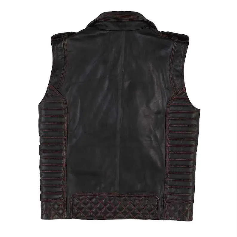 Men's Stylish Lambskin Leather Vest - Fully Quilted with Red Stitching