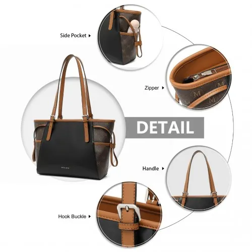 Miss Lulu Elegant Tote Bag with Monogram Pattern - Stylish Black and Brown Handbag for Women