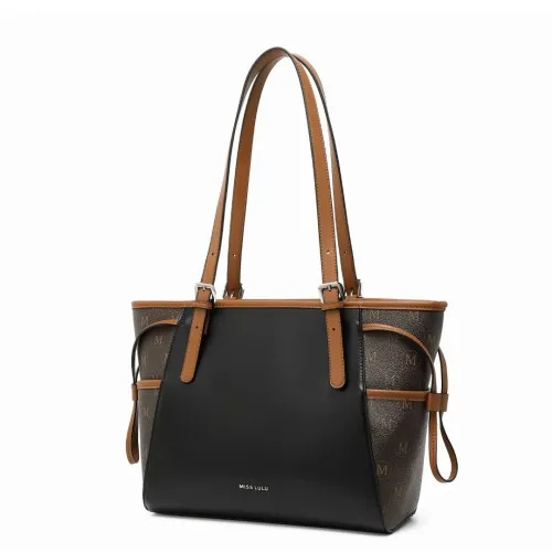 Miss Lulu Elegant Tote Bag with Monogram Pattern - Stylish Black and Brown Handbag for Women