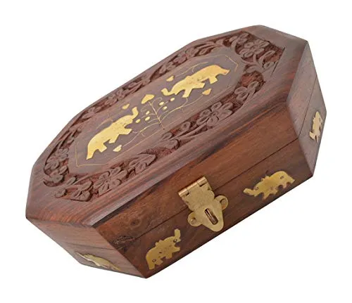 OM SHRI OM Decorative Elephant Floral Handmade Wooden Box Jewelry Organizer Keepsake Storage