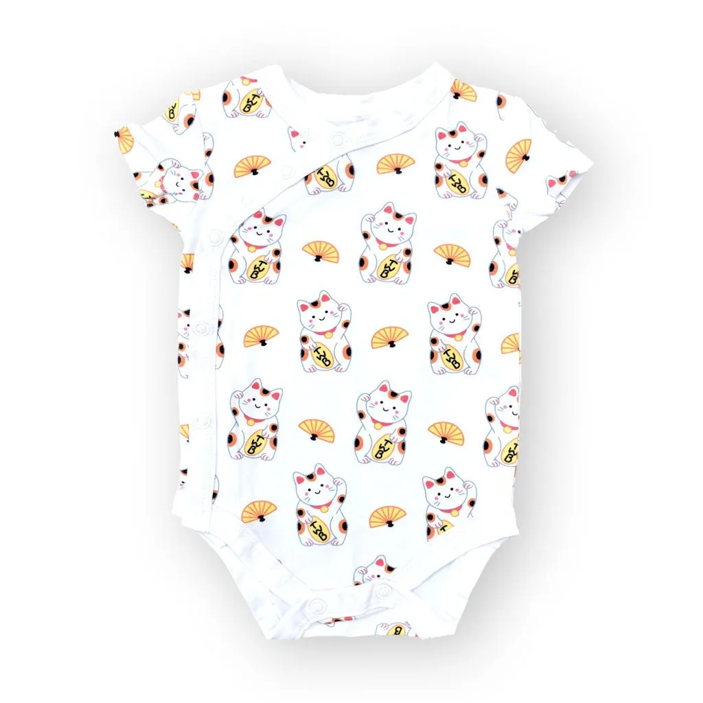 Organic Cotton Baby Onesie - Fortune Lucky Cat Maneki Neko