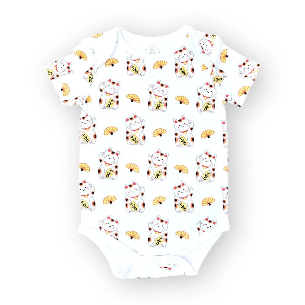 Organic Cotton Baby Onesie - Fortune Lucky Cat Maneki Neko