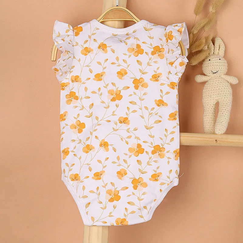 Organic Cotton Onesie For Baby Girl | Bloom Flower Printed | Peach